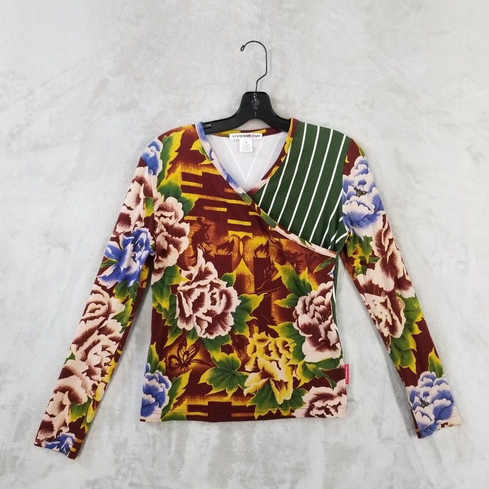 Vintage Vivienne Tam Top Women 1‎ Floral Stripe Wrap Long Sleeve Y2K Fitted Tee